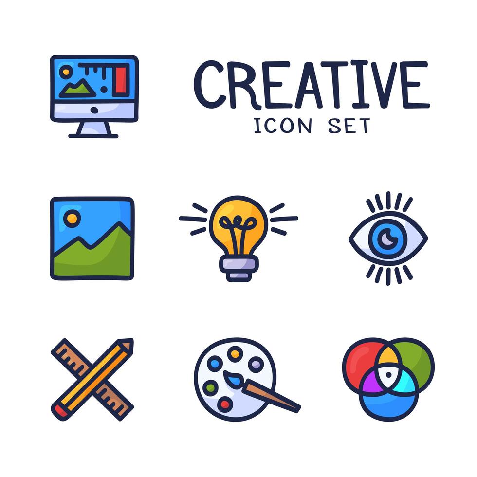 Hand Drawn Creativity Graphic and Web Design Line Icons. Cartoon Doodle Vector Icon Palette, Bulb Idea, Pencil, Ruler, Monitor, Art and Other
