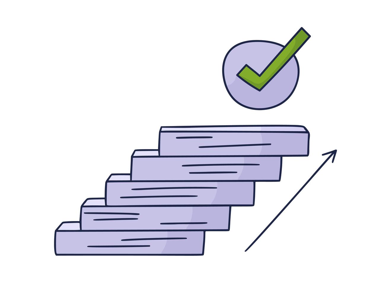 avanza hasta la marca de verificación. Ilustración de vector doodle dibujado a mano con escalones o escaleras encima de la cual hay un ícono del aprobado. el camino hacia el éxito y el logro de metas