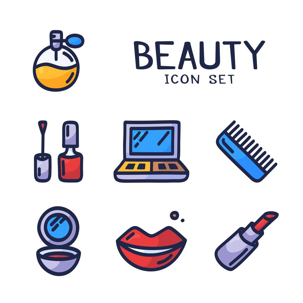 Conjunto de iconos de dibujos animados dibujados a mano de cosméticos, belleza, spa y colección de símbolos en estilo vector doodle. elemento de diseño perfecto para la tienda de cosméticos, peluquería, centro de cosmetología