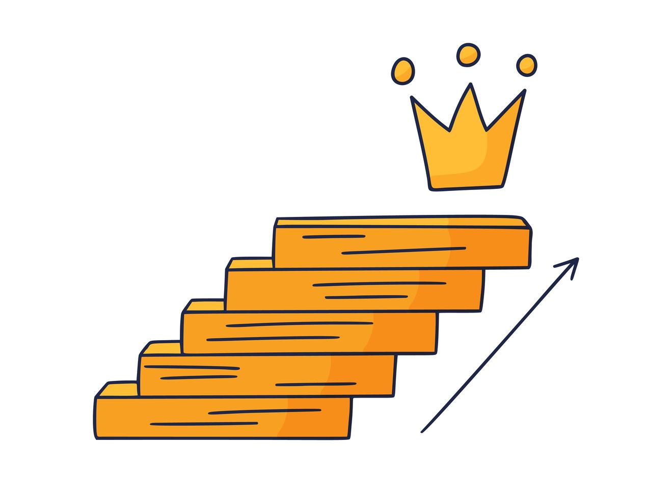 Steps up to the crown. Vector Doodle illustration drawn by hand with steps or stairs on top of which is an icon of the crown. The path to success and achieving goals