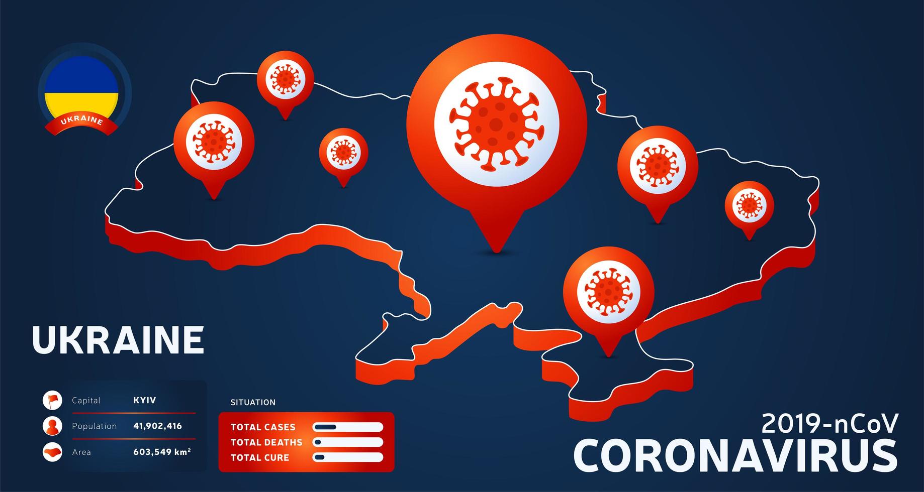 Isometric map of Ukraine with highlighted country vector illustration on dark background. Coronavirus statistics.