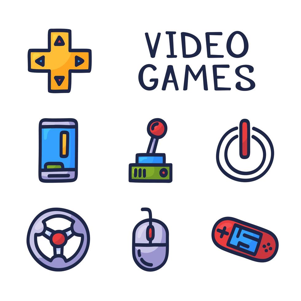 Set of doodle vector icons related to computer games. Joysticks, gaming controllers, computer and laptop. Electronic devices