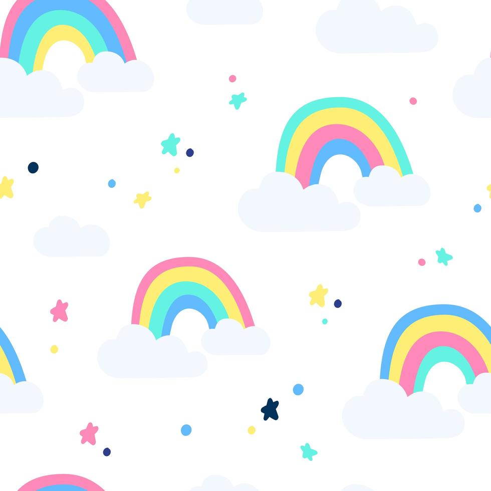 Seamless childish pattern with hand drawn rainbows and stars, .Creative scandinavian kids texture for fabric, wrapping, textile, wallpaper, apparel. Vector illustration