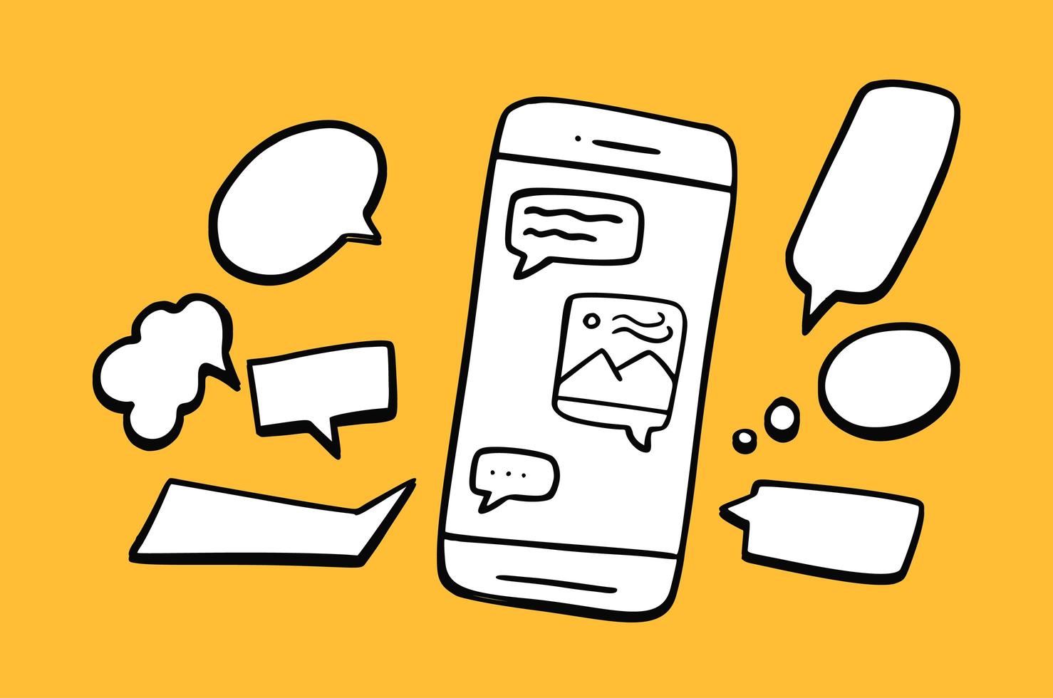 Speech bubble and phone. Hand drawn of smartphone. Vector illustration chat or dialog concept in doodle style on yellow background