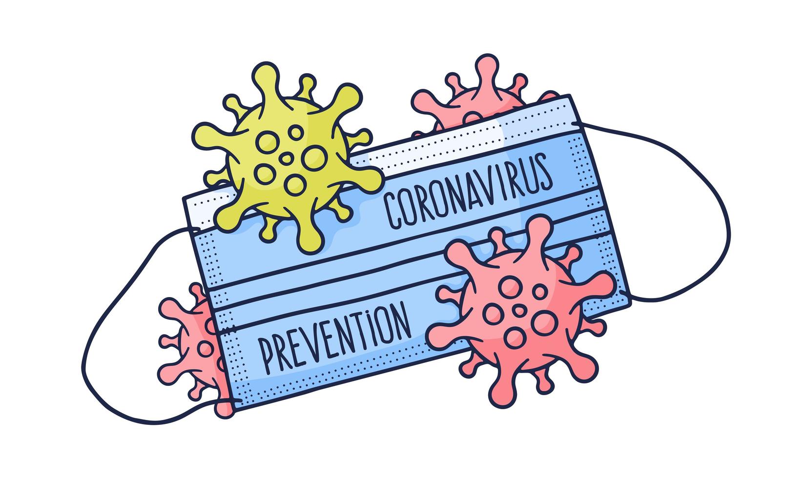 Máscara de coronavirus de protección médica covid 19 con ilustración de diseño de doodle de vector de estilo dibujado a mano