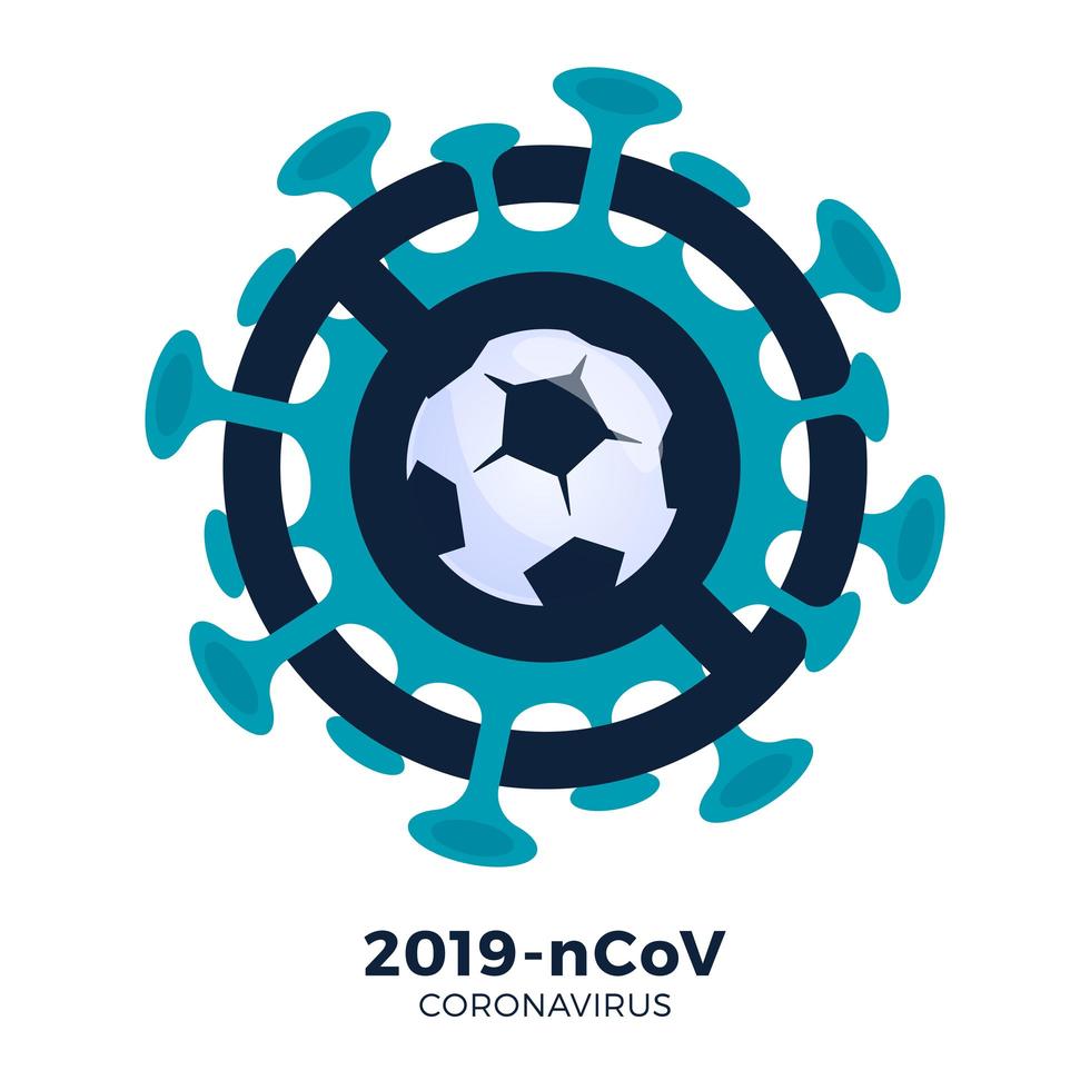 fútbol o balón de fútbol vector signo precaución coronavirus. detener el brote de 2019-ncov. peligro de coronavirus y brote de gripe de enfermedad de riesgo para la salud pública. cancelación de eventos deportivos y concepto de partidos