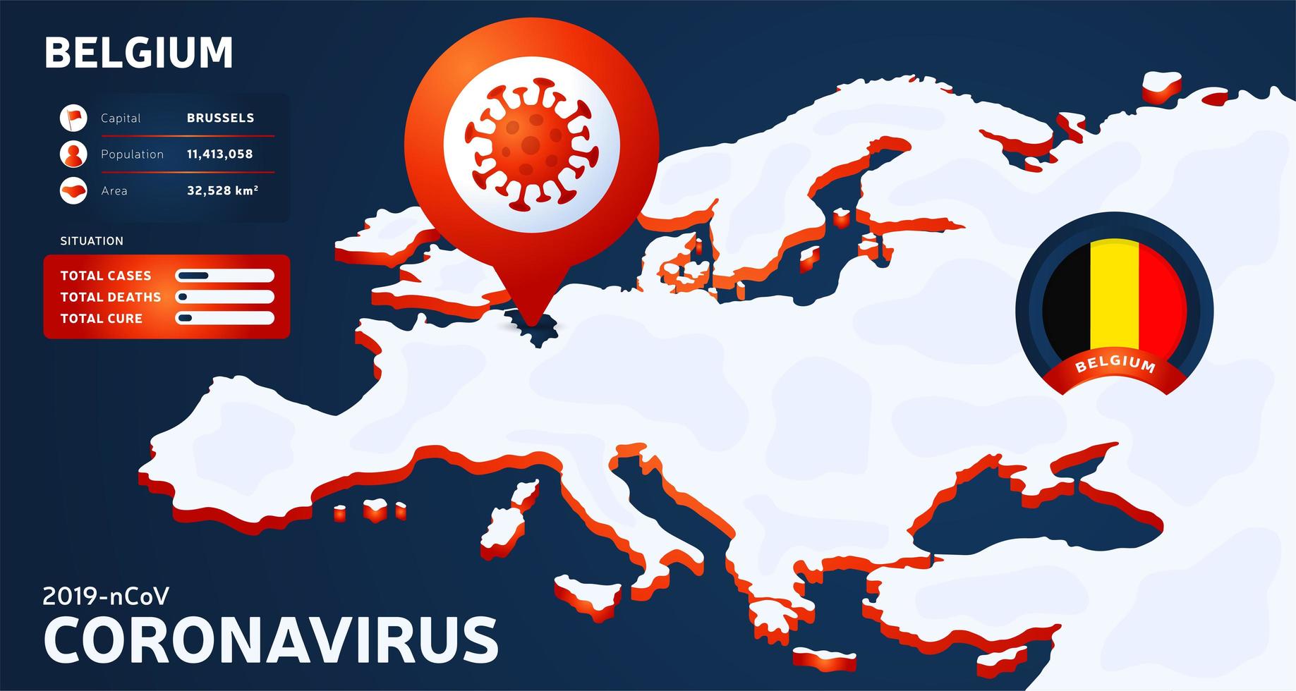 Mapa isométrico de Europa con la ilustración de vector de Bélgica de país resaltado. Estadísticas de coronavirus. 2019-nCoV