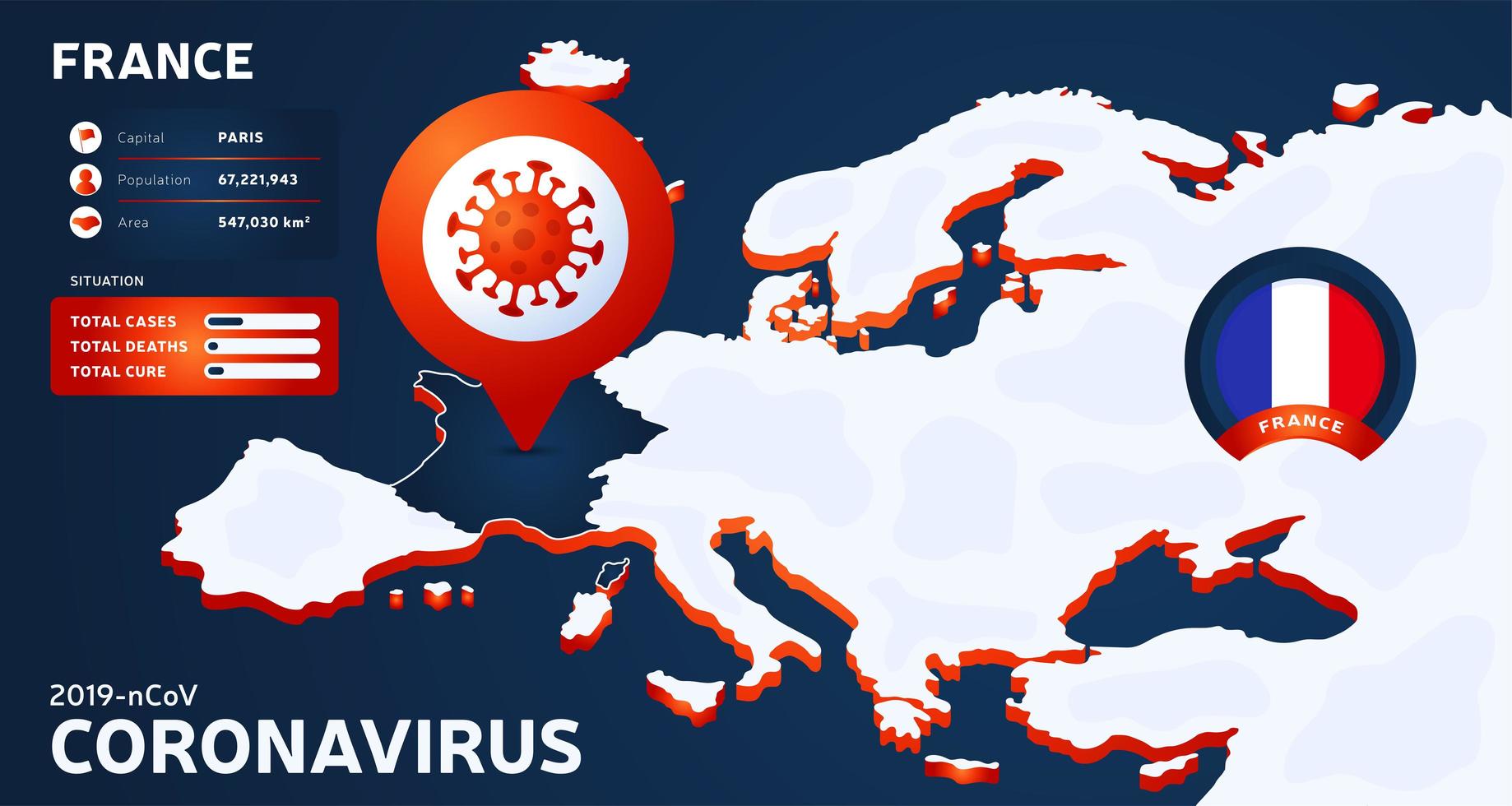 Mapa isométrico de Europa con la ilustración de vector de Francia de país destacado. Estadísticas de coronavirus. 2019-nCoV