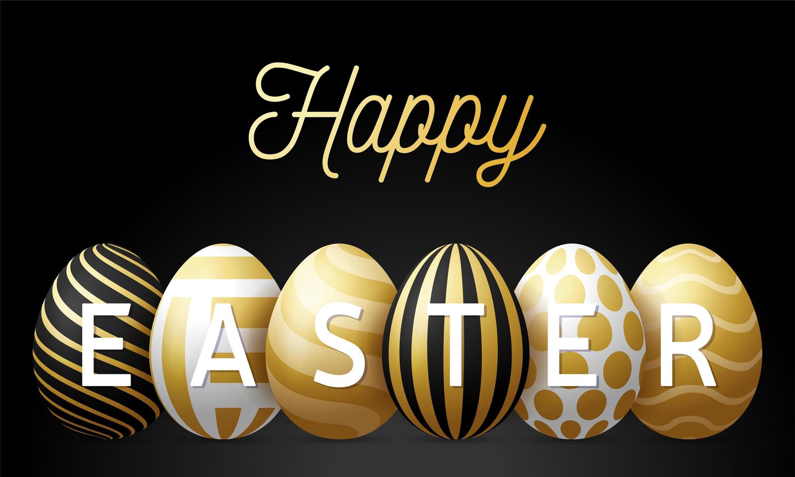 Luxury Happy Easter Greeting Card Vector Illustration. A Horizontal Banner of Black With Golden Textured Eggs That Stand in a Row