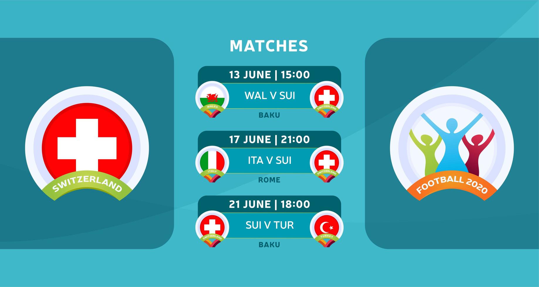 Schedule of matches of the Switzerland national team in the final stage at the European Football Championship 2020. Vector illustration with the official gravel of football matches.