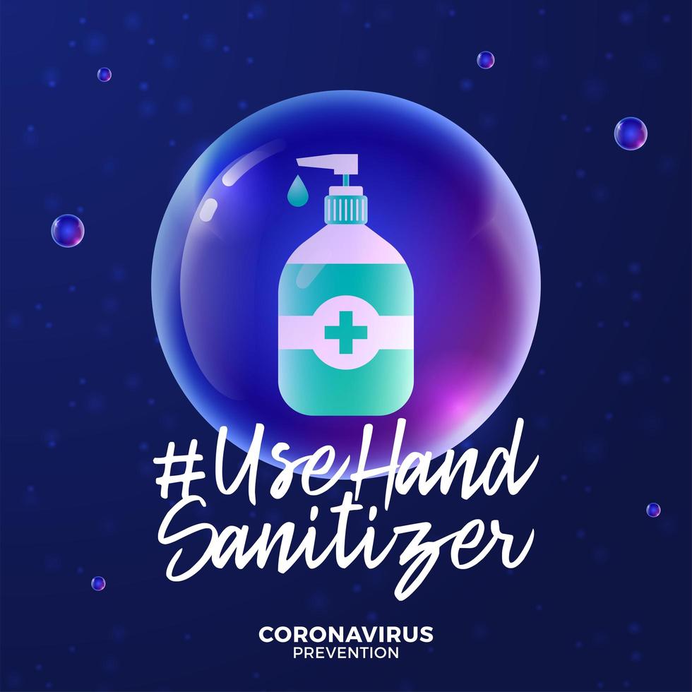 Futuristic Use Hand Sanitizer During Coronavirus Outbreak Concept. Concept Prevention Covid-19 Disease With Virus Cells, Glossy Realistic Ball on Blue Background vector