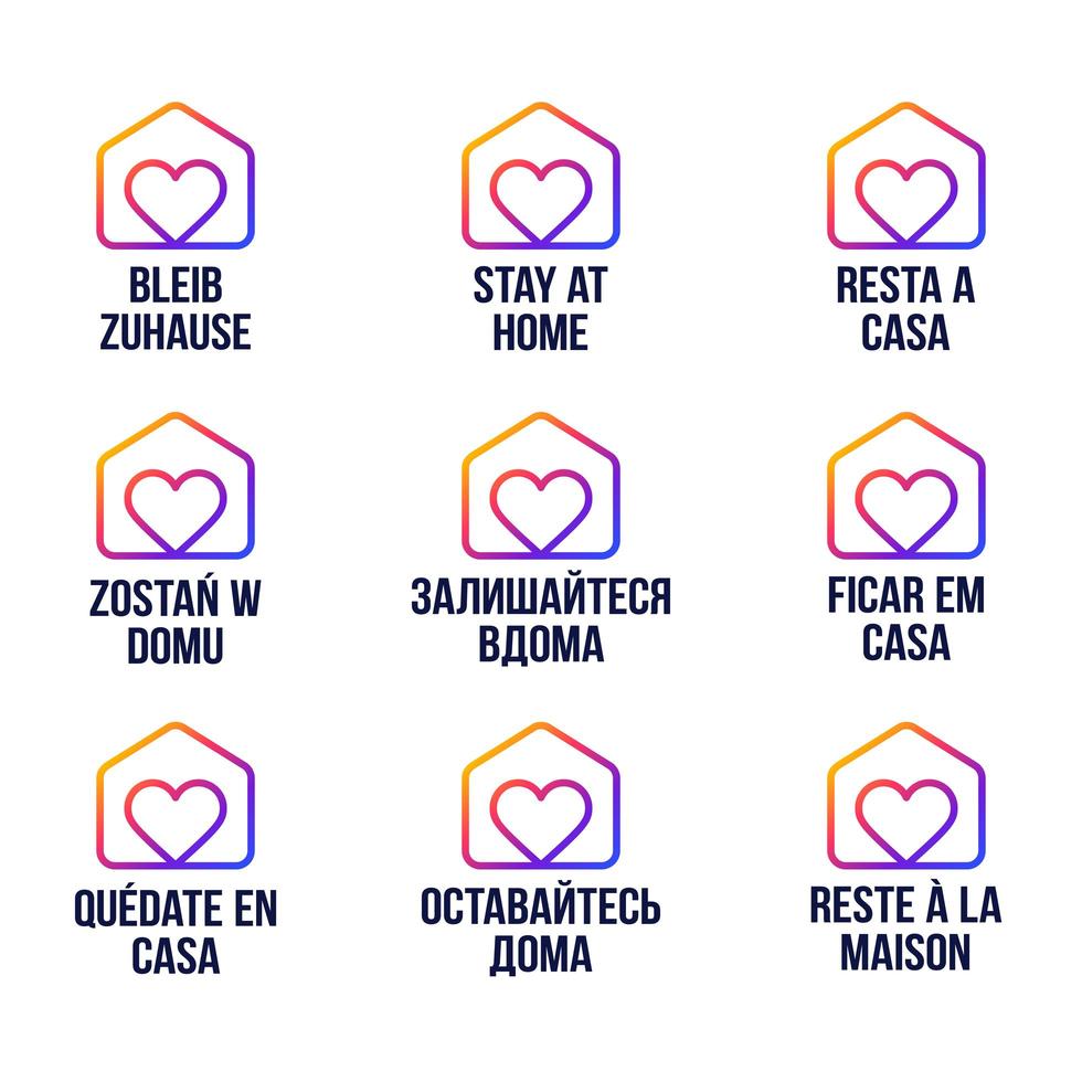 Stay home design vector logo en diferentes idiomas. brote de coronavirus covid-19. quédese en casa para proteger a los demás. pegatina para sitio web o proyecto