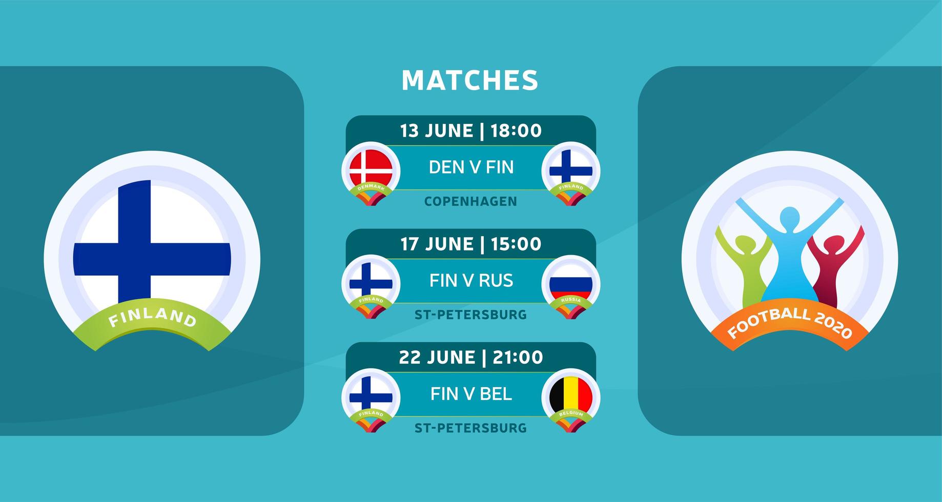 calendario de partidos de la selección de finlandia en la etapa final del campeonato europeo de fútbol 2020. ilustración vectorial con la grava oficial de los partidos de fútbol. vector