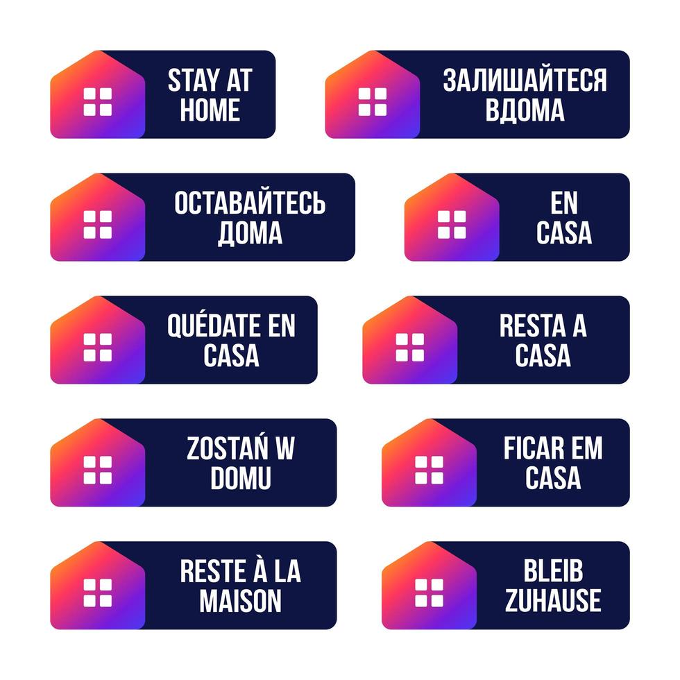 Stay home design vector logo en diferentes idiomas. brote de coronavirus covid-19. quédese en casa para proteger a los demás. pegatina para sitio web o proyecto