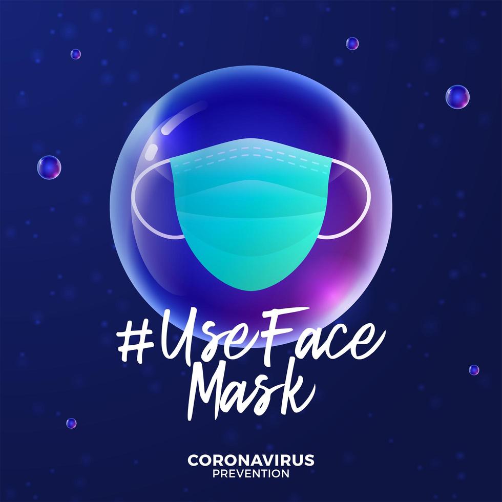 Mascarilla de uso futurista durante el concepto de brote de coronavirus. concepto de prevención de la enfermedad covid-19 con células de virus, bola realista brillante sobre fondo azul vector