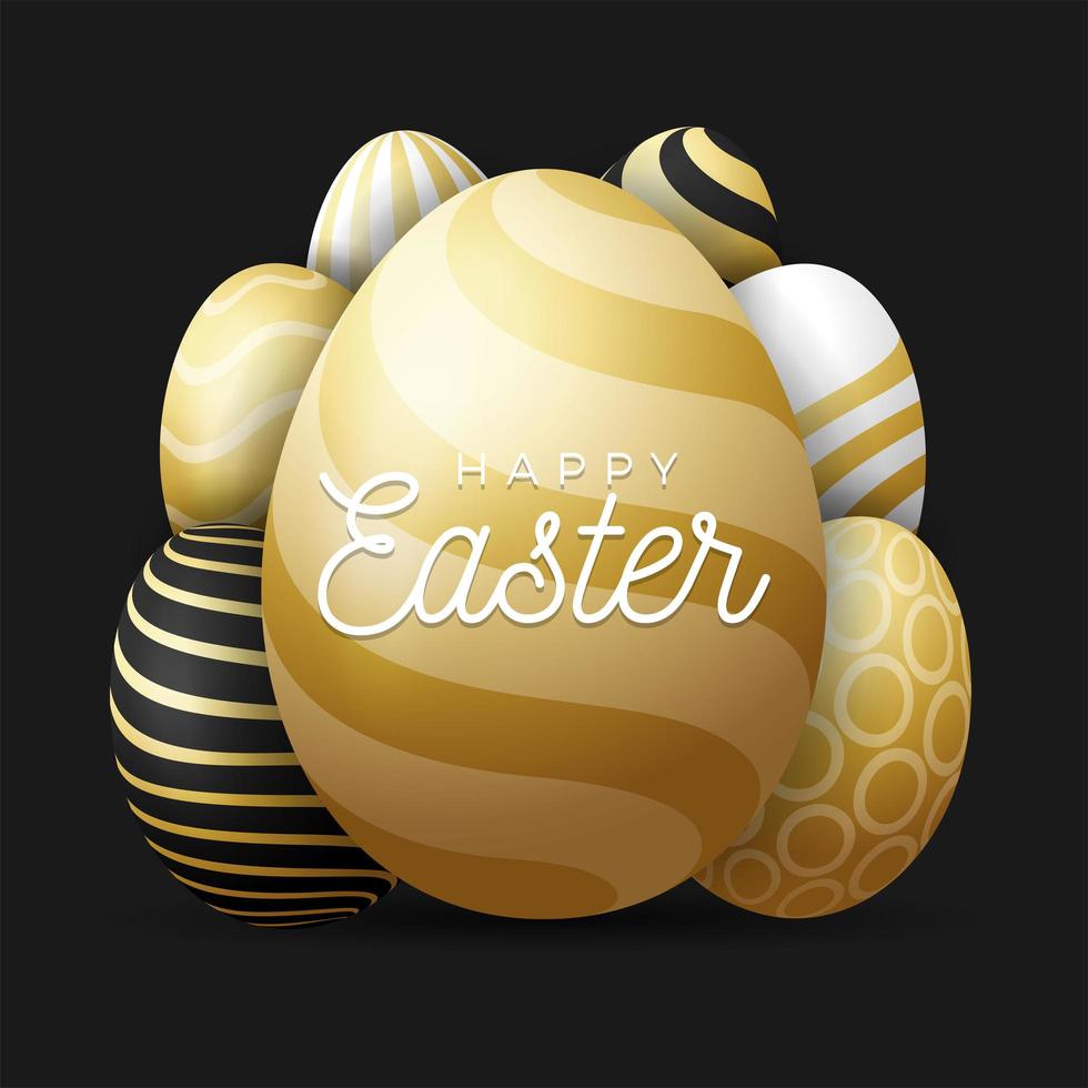 Luxury Greeting Card Easter Eggs Vector Illustration. A Large Golden Egg in the Foreground With Congratulatory Text Inside and Many Small Eggs Hidden in the Background. Black Background.