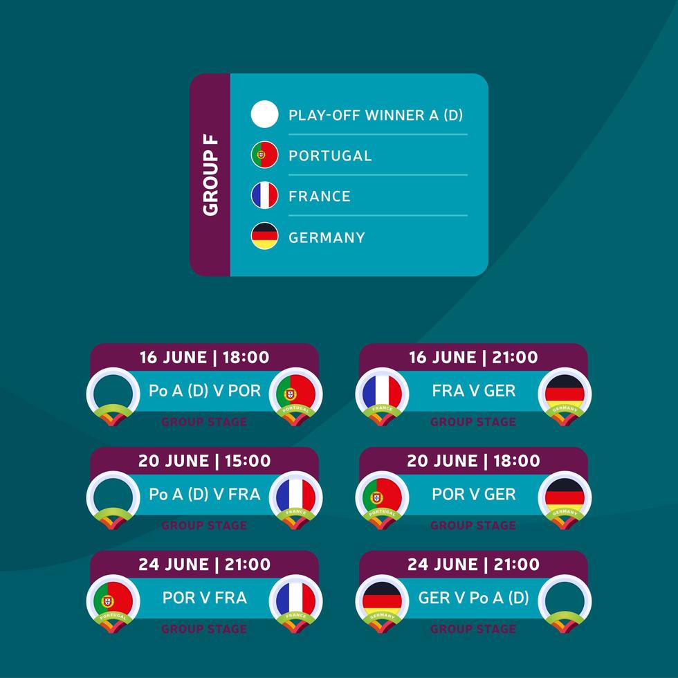 Ilustración de stock de vector de grupo f de fase final de torneo de fútbol 2020 con calendario de partidos. Torneo europeo de fútbol 2020 con antecedentes. vector banderas de países