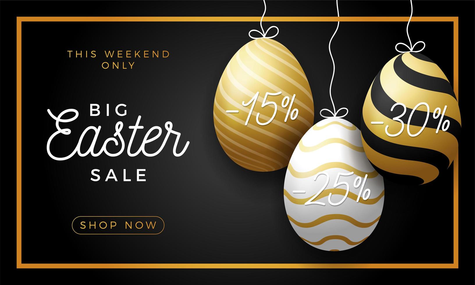 Luxury Easter Egg Sale Horizontal Banner. Golden Easter Frame Card With Realistic Eggs That Hang on a Thread, Gold Ornate Eggs on Black Modern Background. Vector Illustration