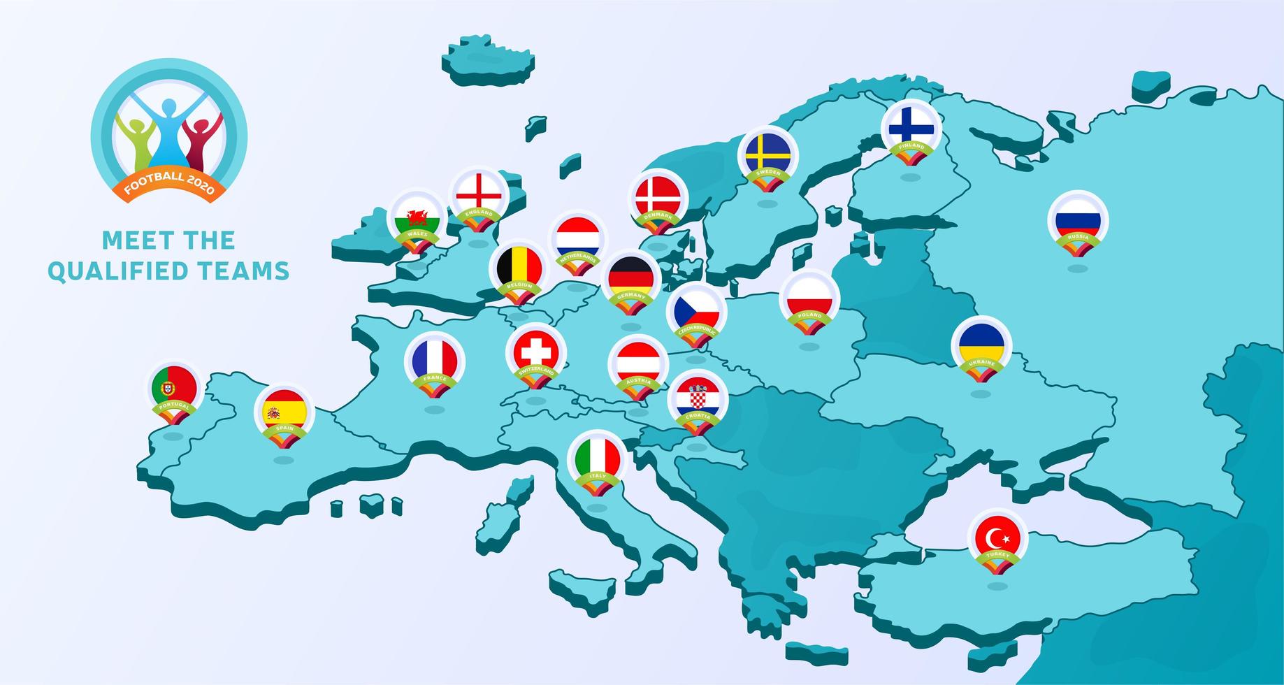 Ilustración de vector de campeonato de fútbol europeo 2020 con un mapa de Europa con la bandera de países resaltada que calificó para la etapa final y el signo de logotipo sobre fondo blanco.