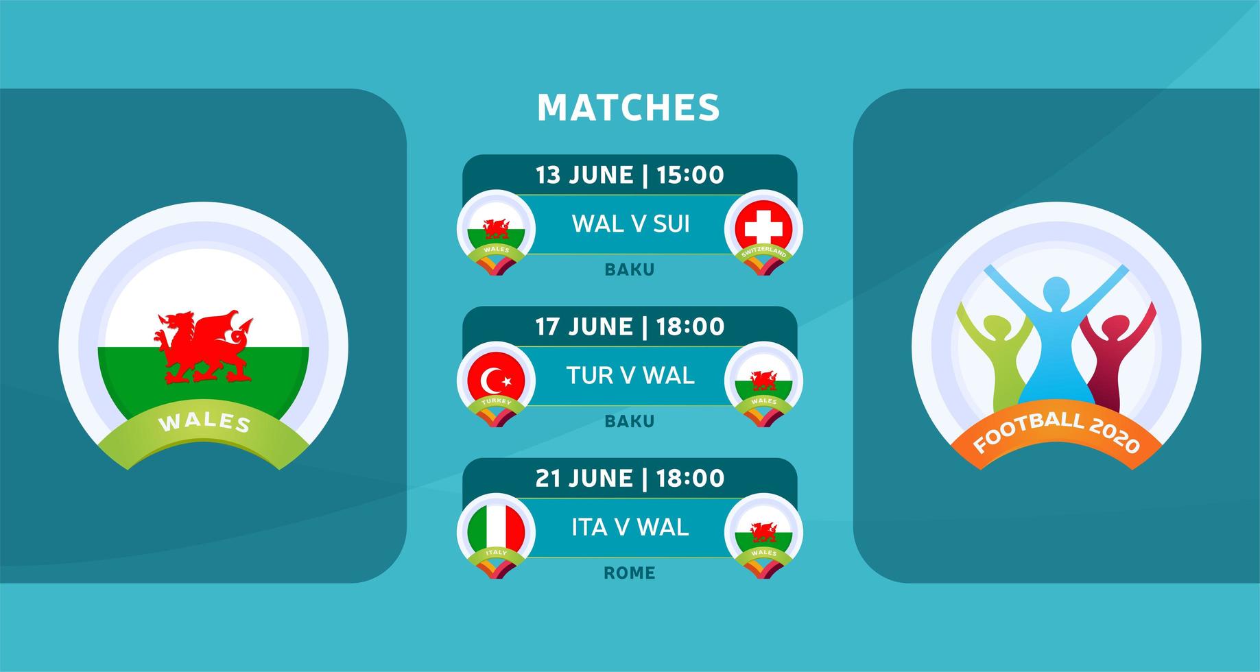 Schedule of matches of the Wales national team in the final stage at the European Football Championship 2020. Vector illustration with the official gravel of football matches.