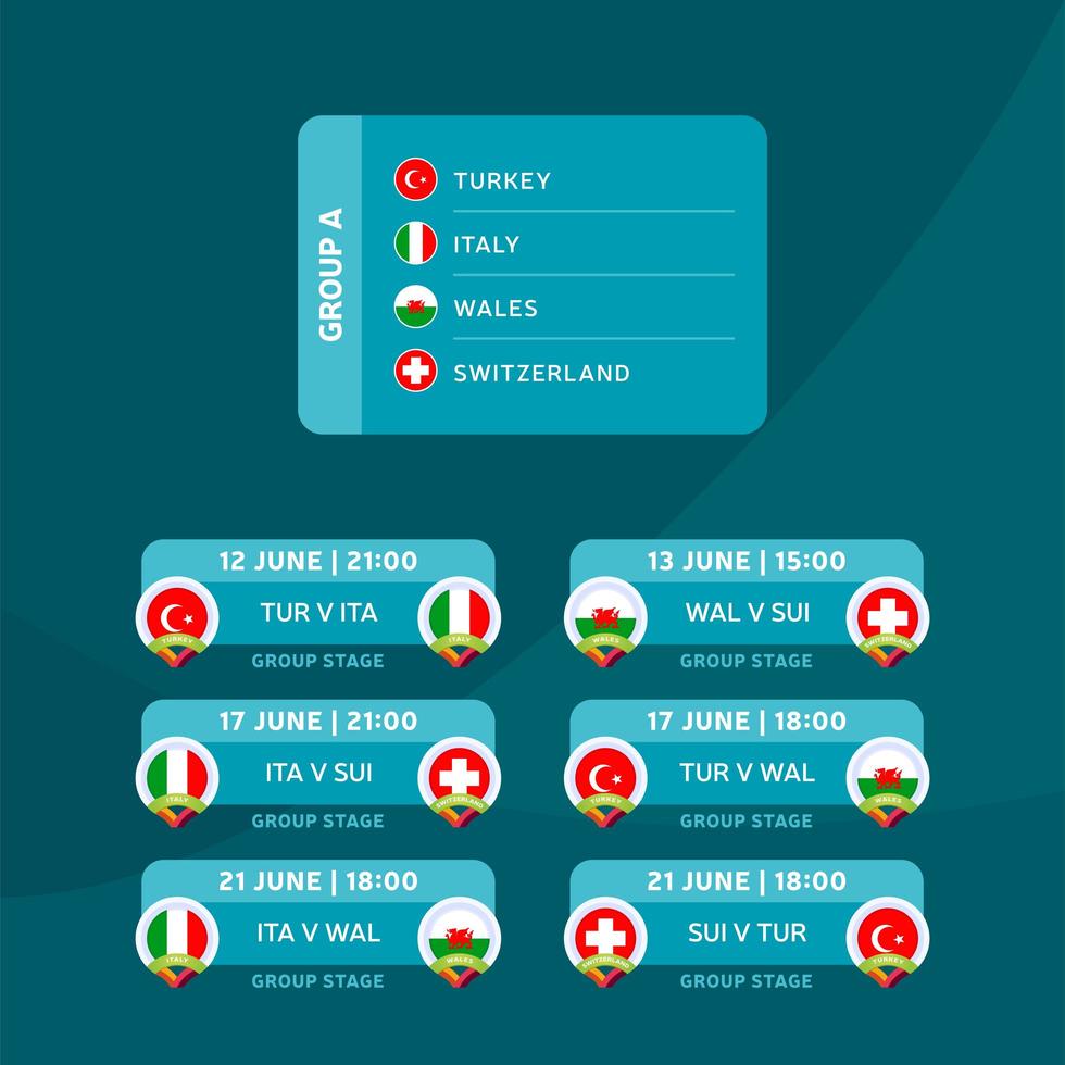 Football 2020 tournament final stage group A vector stock illustration with matches schedule. 2020 European soccer tournament with background. Vector country flags