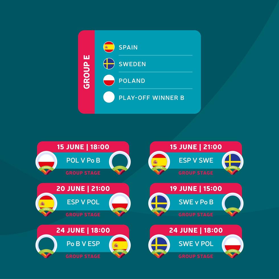 Football 2020 tournament final stage group E vector stock illustration with matches schedule. 2020 European soccer tournament with background. Vector country flags