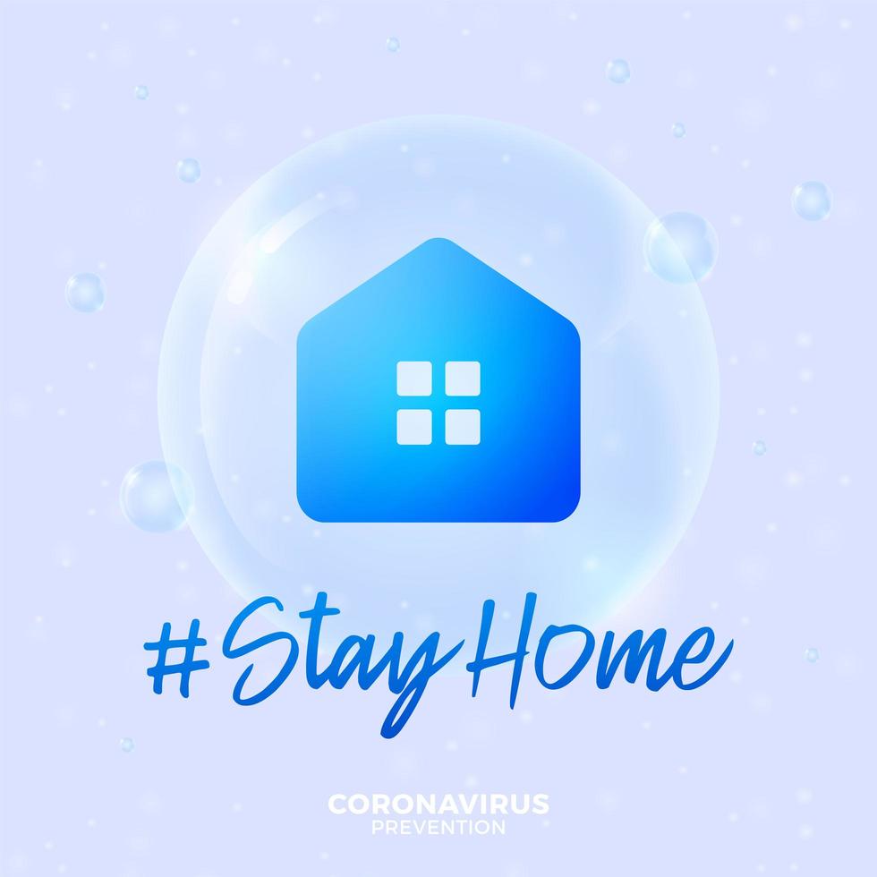 Futuristic stay at home during coronavirus outbreak concept. Concept prevention COVID-19 disease with virus cells, glossy realistic ball on blue background vector