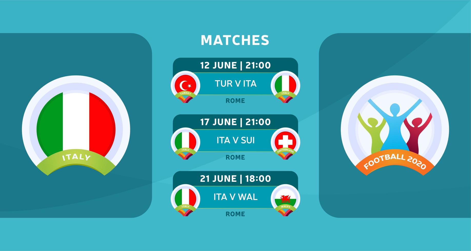 calendario de partidos de la selección de italia en la etapa final del campeonato europeo de fútbol 2020. ilustración vectorial con la grava oficial de los partidos de fútbol. vector