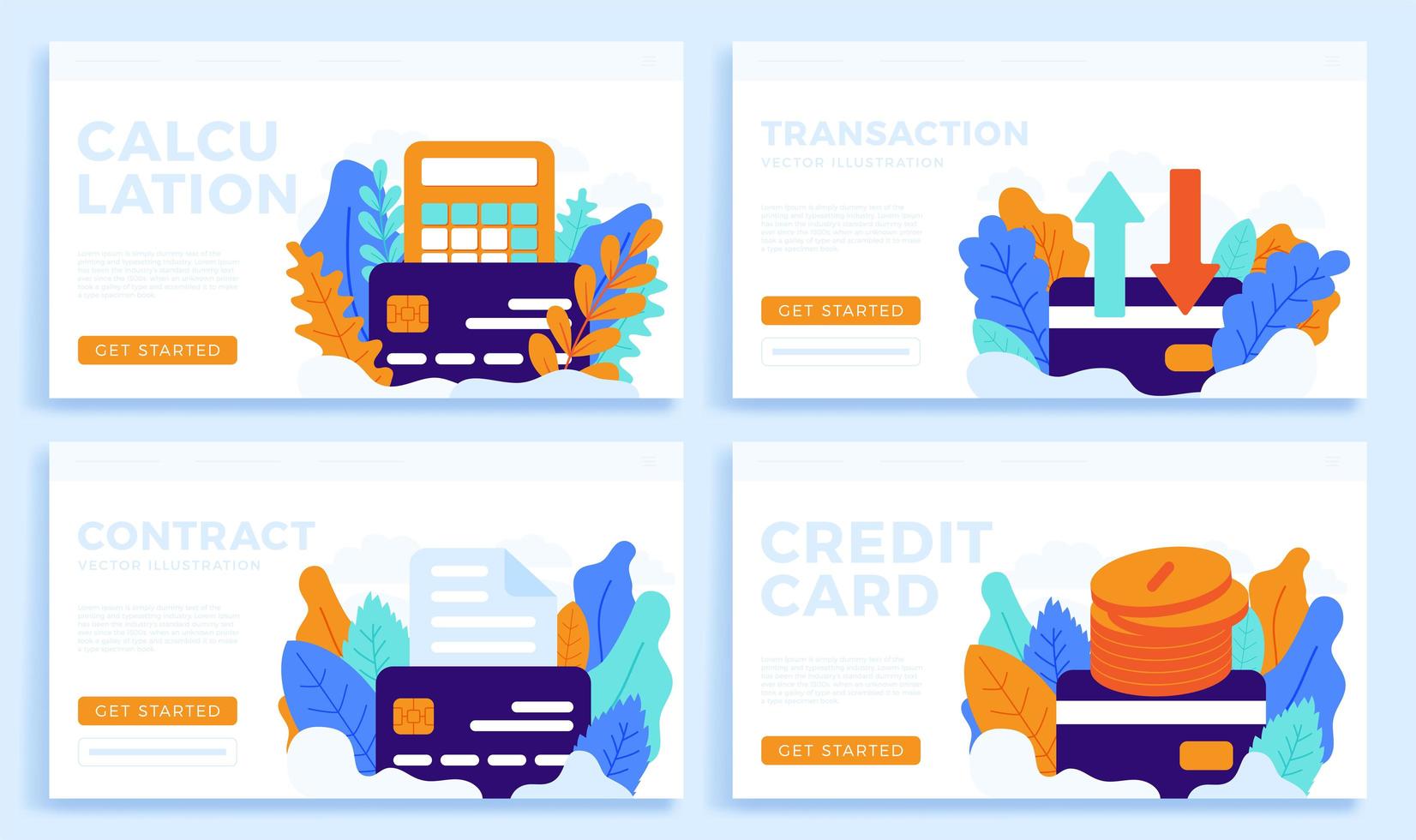 Set credit card vector stock illustration isolated on a white background for landing page or presentation. Calculator, transfer, document and money coin