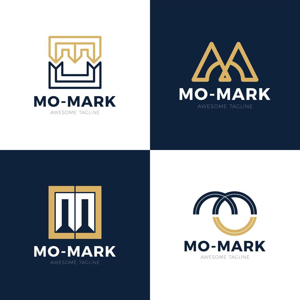 Unique modern creative elegant artistic black and gold color MO OM M O initial based letter icon logo set vector