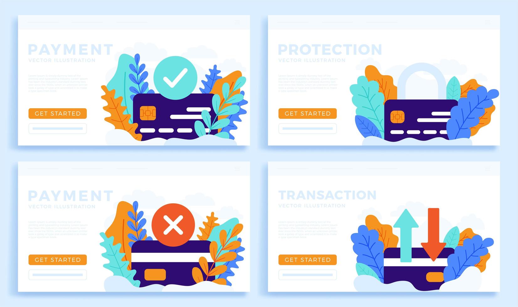 Set Credit Card Vector Stock Illustration for Landing Page or Presentation. Accepted Payment, Declined Payment, Transfer and Protection