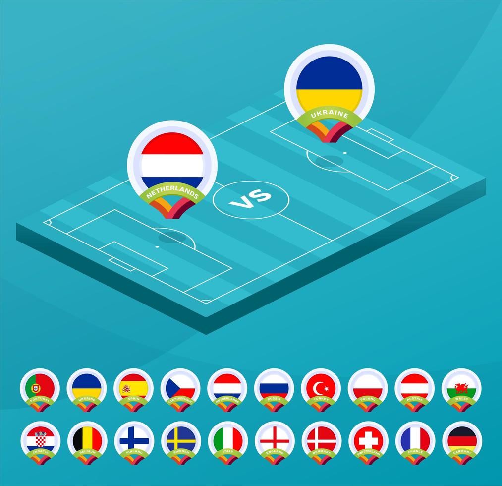 Partido isométrico del campeonato europeo de fútbol 2021 contra el fondo deportivo de introducción de equipos, cartel final de la competencia del campeonato, ilustración vectorial de estilo plano. establecer la bandera del país de la fase de grupos vector