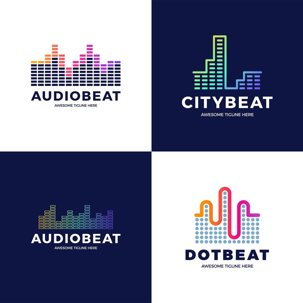 Audio Sound Wave Logo Template Stock Vector Design. Line Abstract Music Technology Logotype Set. Digital Element Emblem, Graphic Signal Waveform, Curve, Volume and Equalizer. Vector Illustration.