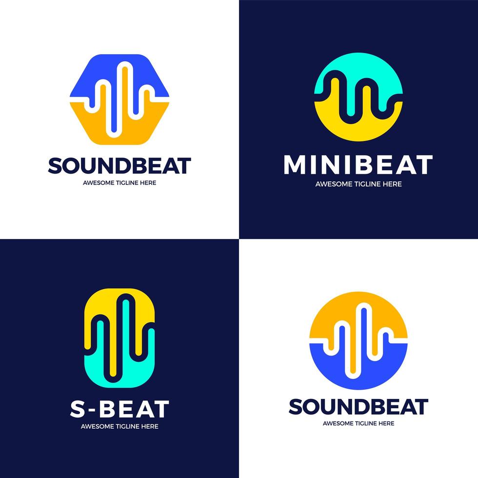 Set Audio Sound Wave Logo Template Stock Vector Design. Line Abstract Music Technology Logotype. Digital Element Emblem, Graphic Signal Waveform, Curve, Volume and Equalizer. Vector Illustration.