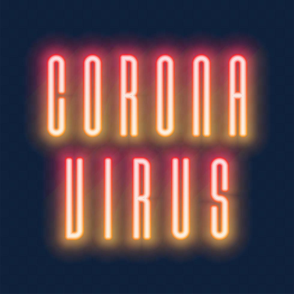 Texto de neón de coronavirus de peligro adecuado para web, infografías y aplicaciones. aislado sobre fondo rojo transparente. estilo retro-futurista. vector