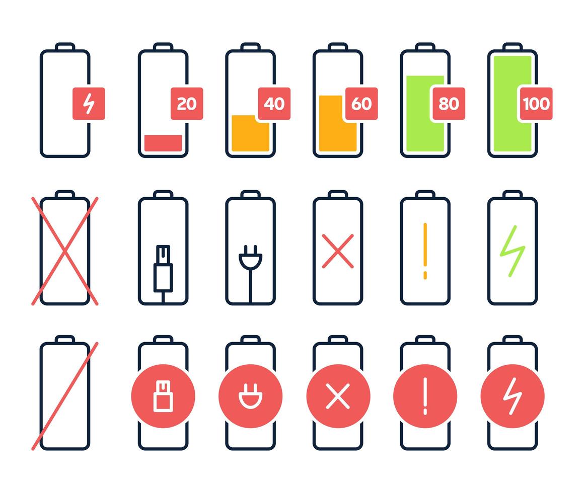 Battery charging vector icons. Charge power level, smartphone accumulator energy status. Cell phone battery signal indicators isolated icons set. Collection of device charge process sign