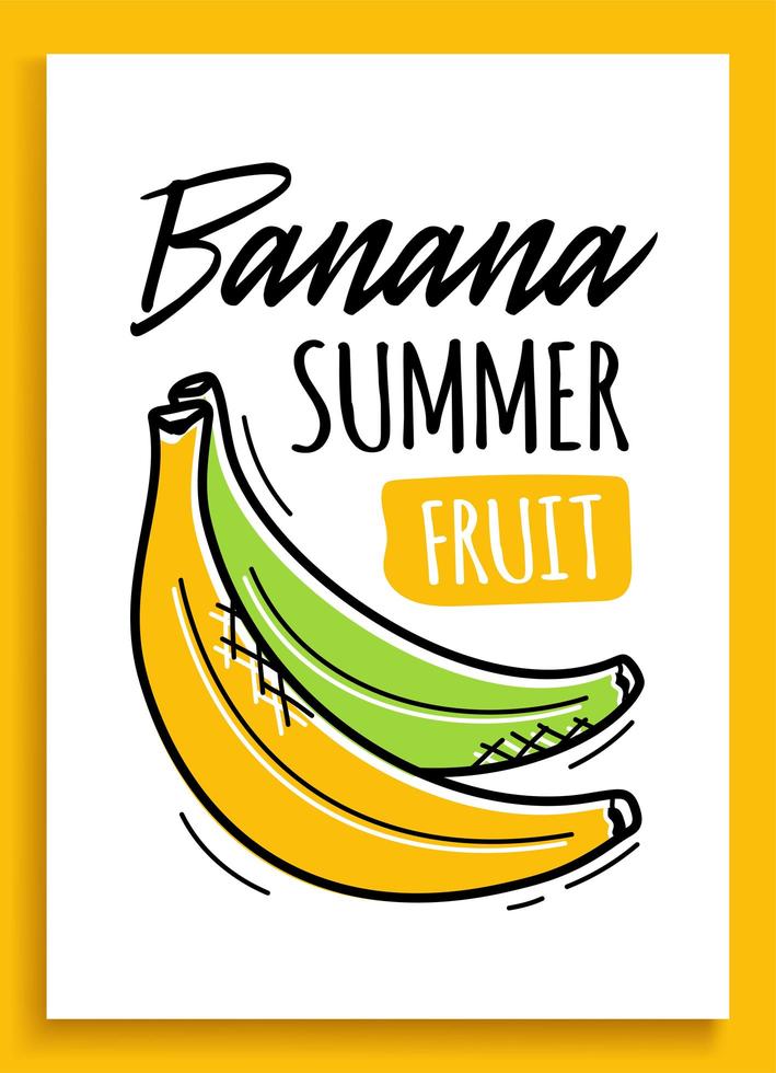 Banana summer fruit sticker. Fashion patch element with banana quote hand draw vector illustration.