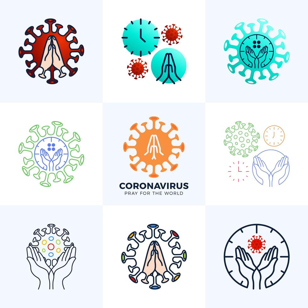 Establecer orar por el concepto de coronavirus mundial con la ilustración de vector de manos. tiempo de recolección para rezar corona virus 2020 covid-19. coronavirus en la ilustración de vector de wuhan.