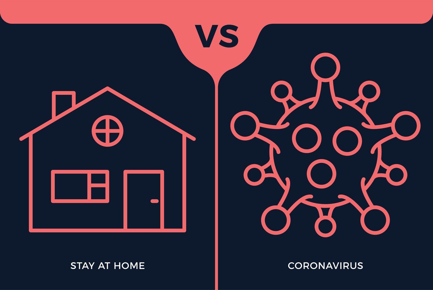 banner permanecer en el icono de casa vs o contra el concepto de coronavirus protección covid-19 signo ilustración vectorial. Fondo de diseño de prevención de covid-19. vector