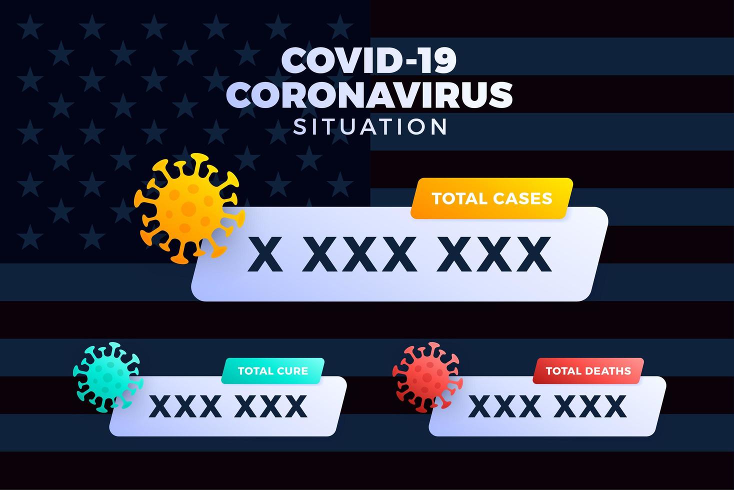 covid-19 usa flag casos confirmados, cura, informe de muertes en todo el mundo a nivel mundial. Actualización de la situación de la enfermedad por coronavirus en 2019 en todo el mundo. La bandera de Estados Unidos y el titular de noticias muestran la situación y el fondo de las estadísticas vector