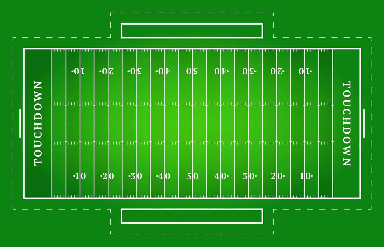 Flat green American football field. Top view of rugby field with line template. Vector stadium.