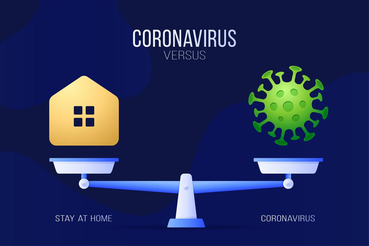 Coronavirus or Stay home vector illustration. Creative concept of scales and versus, on one side of the scale lies a virus covid-19 and on the other home icon. Flat vector illustration.