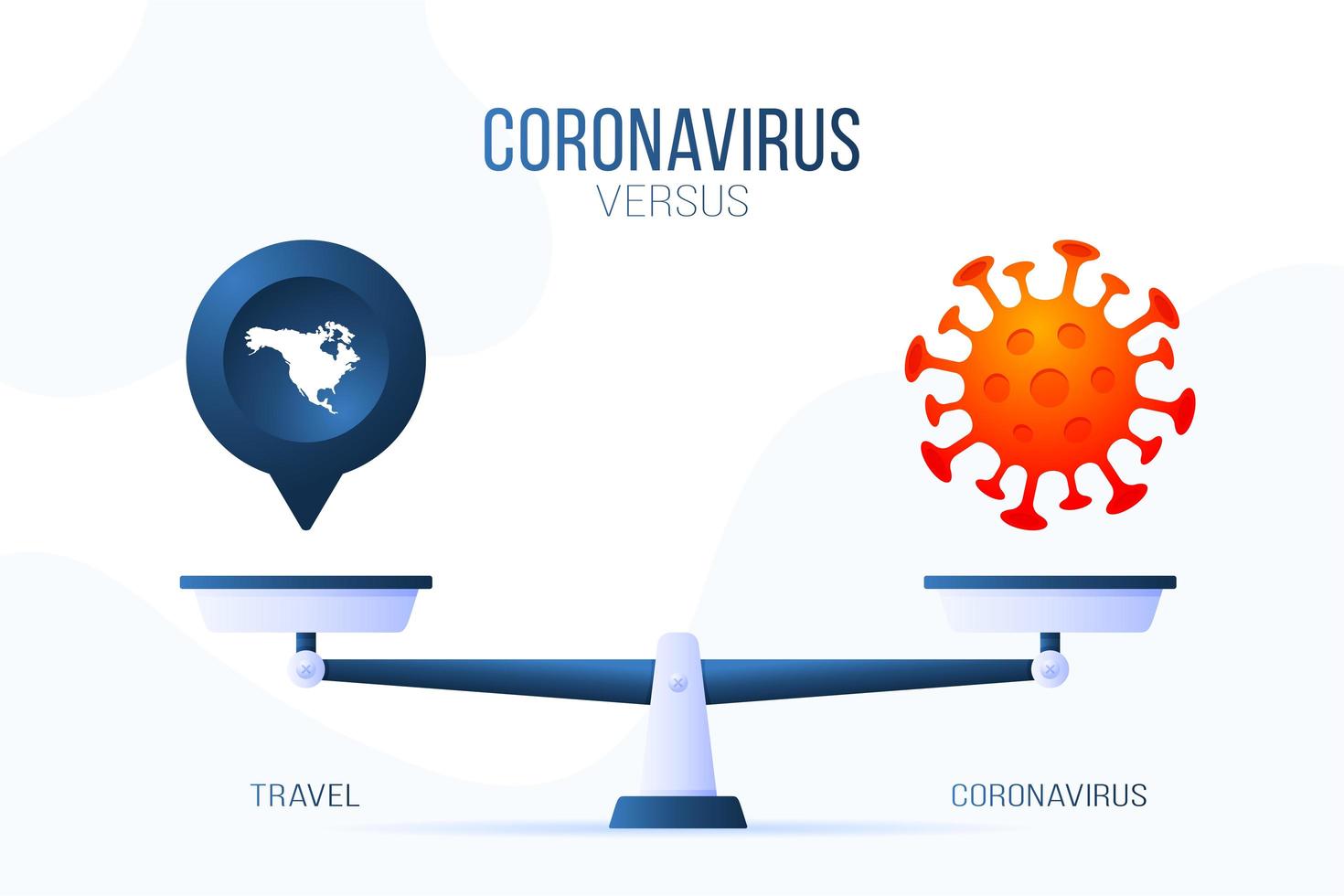 coronavirus o ilustración vectorial de viaje. concepto creativo de escalas y versus, en un lado de la escala se encuentra un virus covid-19 y en el otro icono de mapa de pin. ilustración vectorial plana. vector