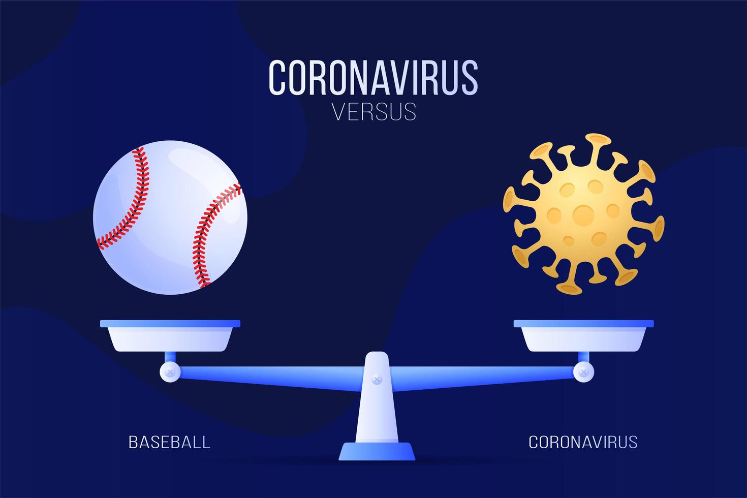 Ilustración de vector de coronavirus o béisbol. concepto creativo de escalas y versus, en un lado de la escala se encuentra un virus covid-19 y en el otro icono de pelota de béisbol. ilustración vectorial plana.