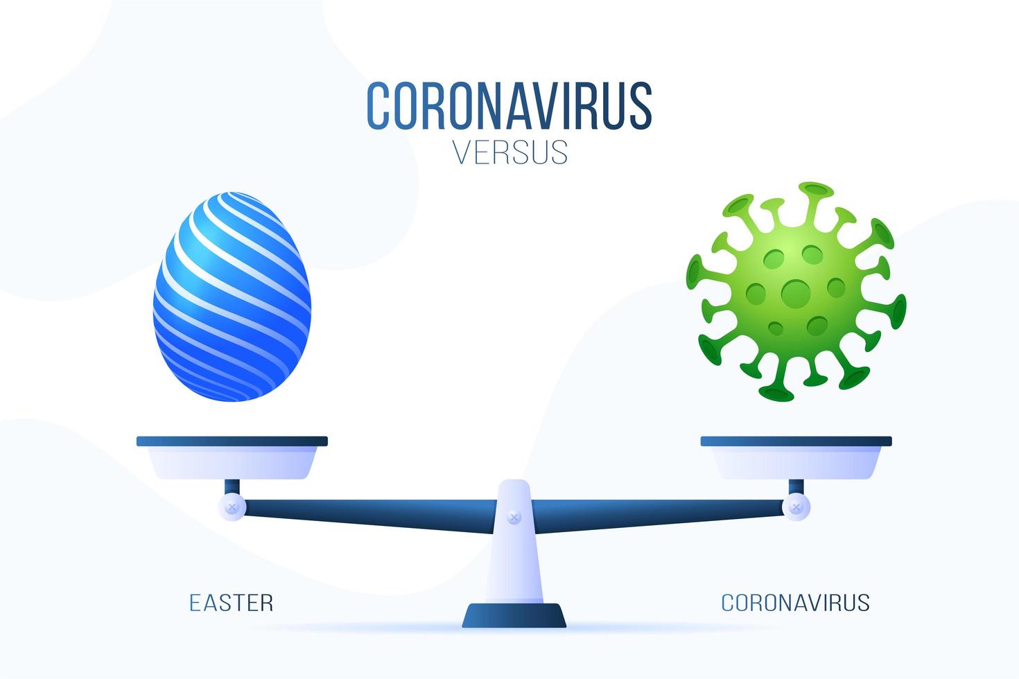 Coronavirus or happy Easter vector illustration. Creative concept of scales and versus, on one side of the scale lies a virus covid-19 and on the other Easter egg icon. Flat vector illustration.