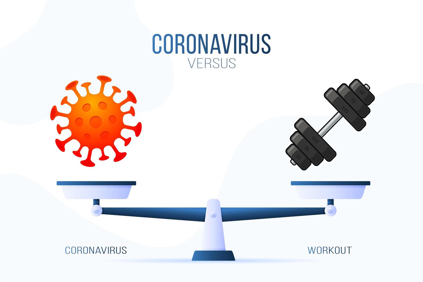 coronavirus o ilustración de vector de gimnasio de entrenamiento. concepto creativo de escalas y versus, en un lado de la escala se encuentra un virus covid-19 y en el otro icono de pesa. ilustración vectorial plana.