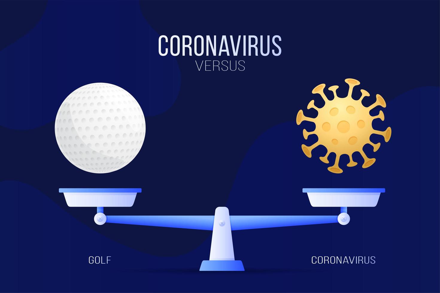Coronavirus or golf vector illustration. Creative concept of scales and versus, on one side of the scale lies a virus covid-19 and on the other golf ball icon. Flat vector illustration.