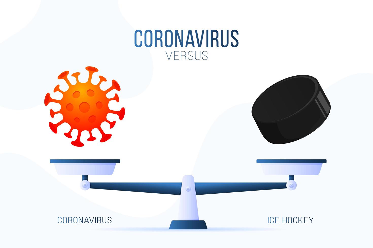 Coronavirus or ice hockey vector illustration. Creative concept of scales and versus, on one side of the scale lies a virus covid-19 and on the other hockey puck icon. Flat vector illustration.