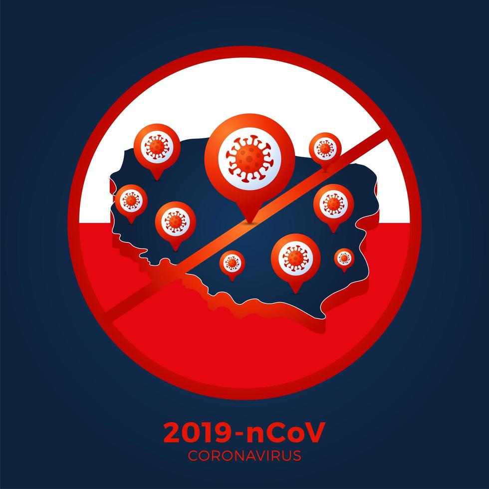 Poland flag isometric map Sign caution coronavirus. Stop 2019-nCoV outbreak. Coronavirus danger and public health risk disease and flu outbreak. Pandemic medical concept. Vector illustration.