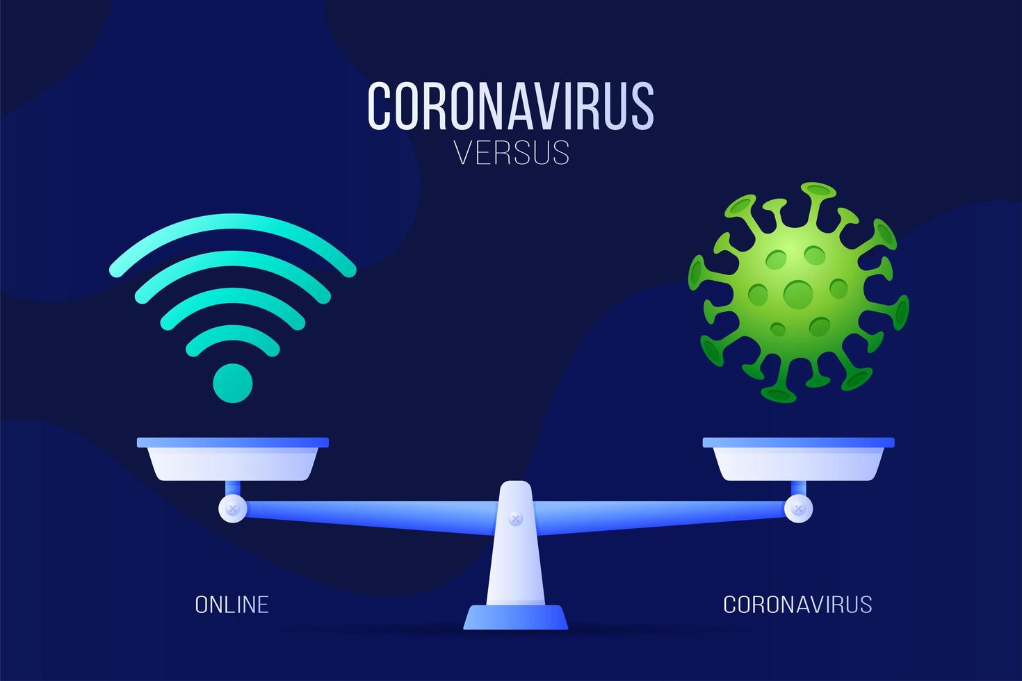 Coronavirus or online vector illustration. Creative concept of scales and versus, on one side of the scale lies a virus covid-19 and on the other wifi icon. Flat vector illustration.